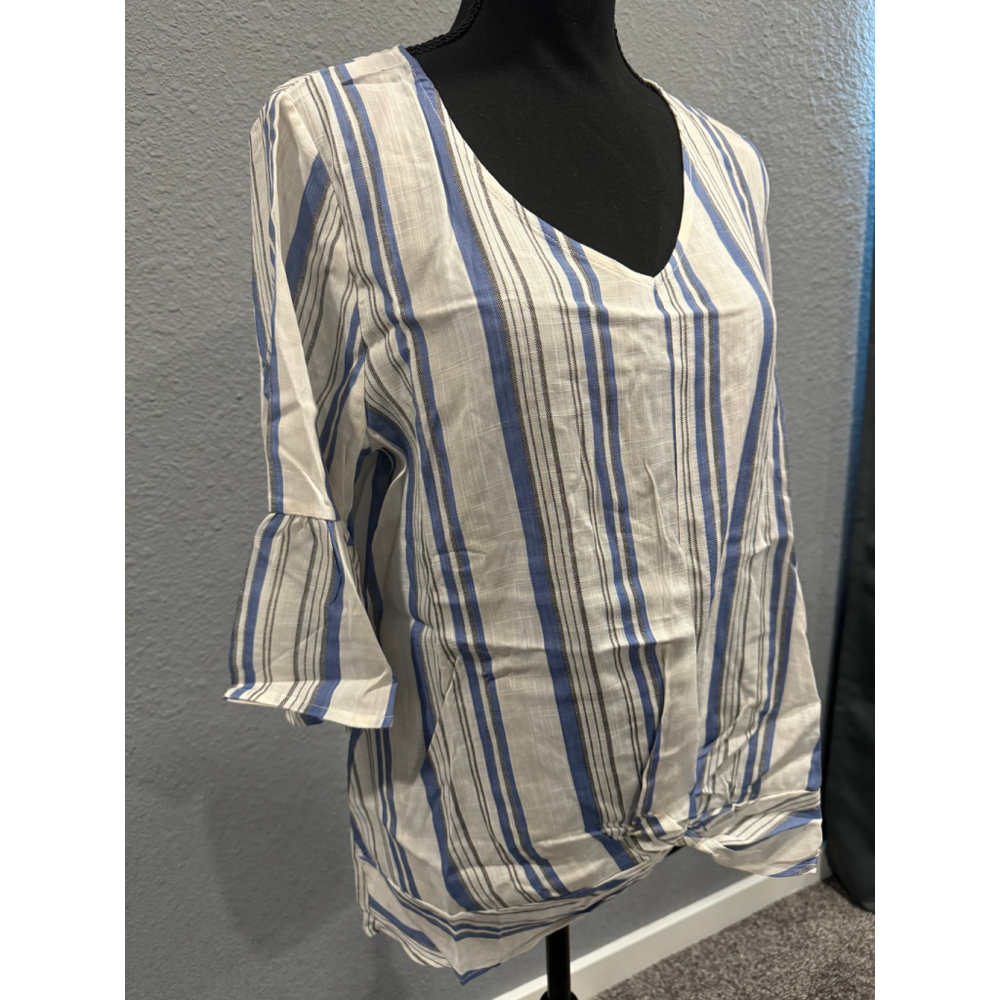 Cotton Bleu Striped Blouse with Front Knot, SZ M NWOT - Picture 3 of 11